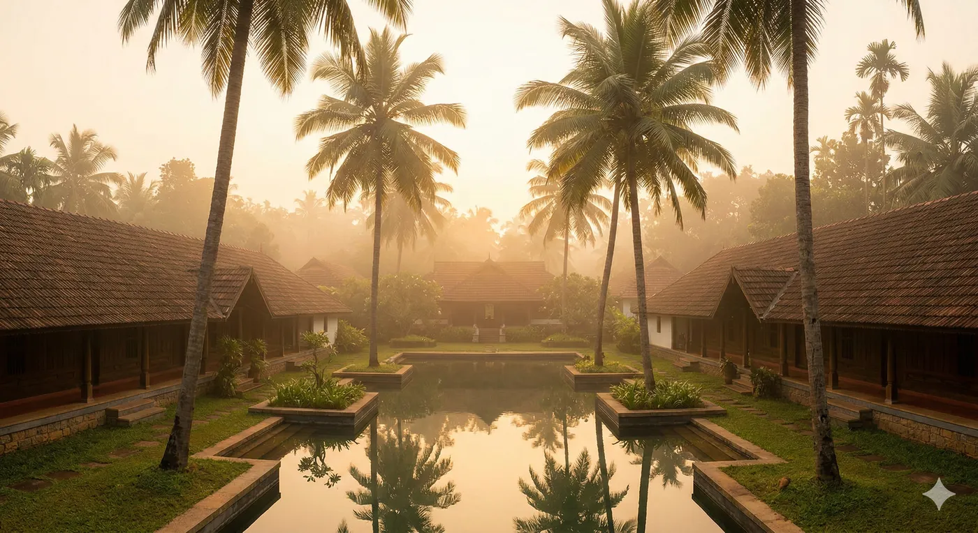 Architecture traditionnelle en bois et bassin d’un centre ayurvédique du Kerala