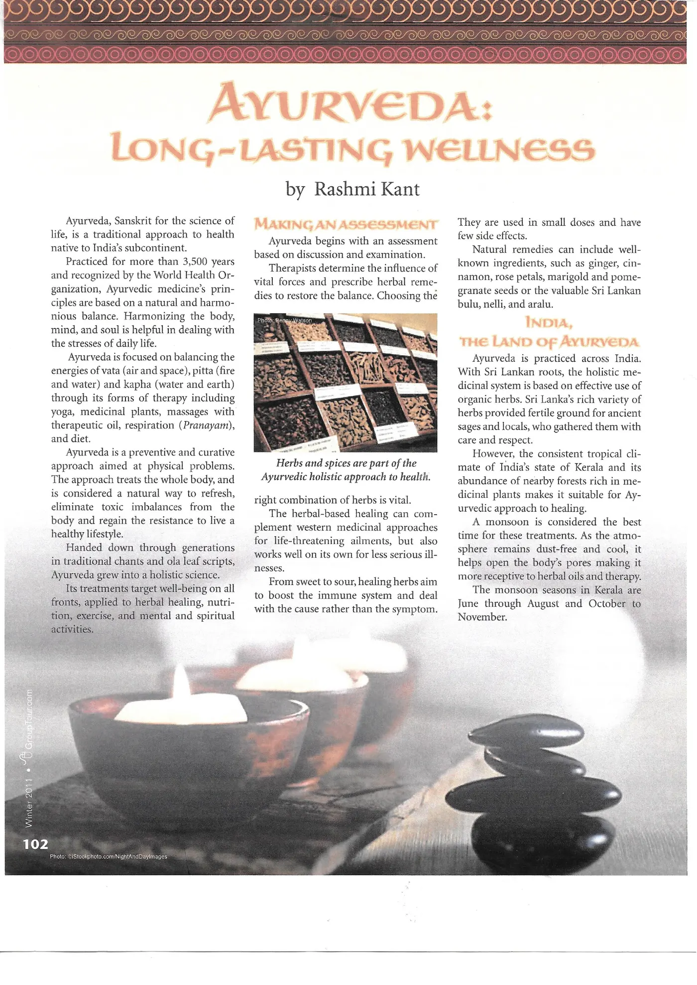 Page 102 de Group Tour Magazine, hiver 2011, ouverture de l’article « Ayurveda: Long-Lasting Wellness »