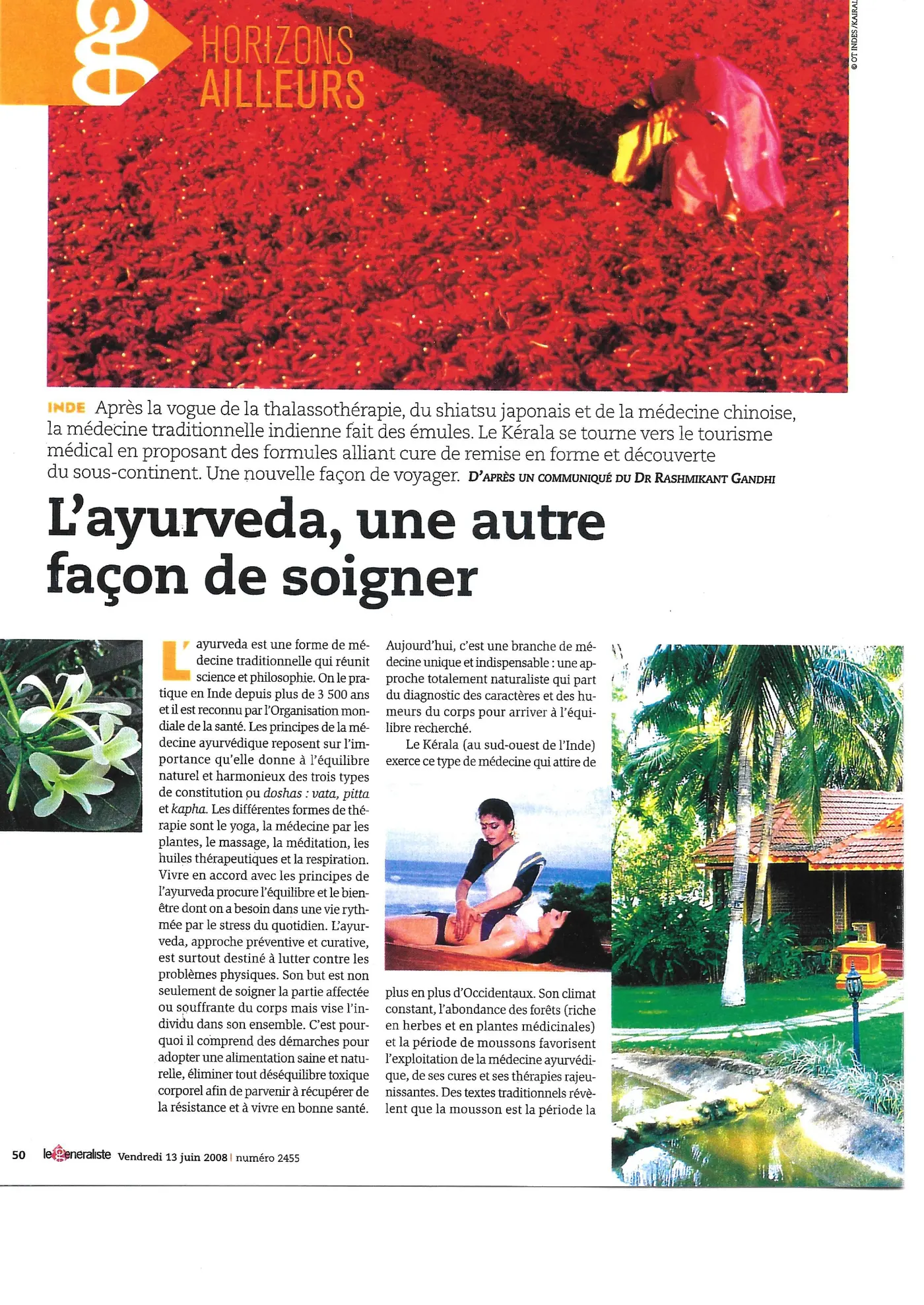 Page 50 du Généraliste du 13 juin 2008, ouverture de l’article « L’ayurveda, une autre façon de soigner »